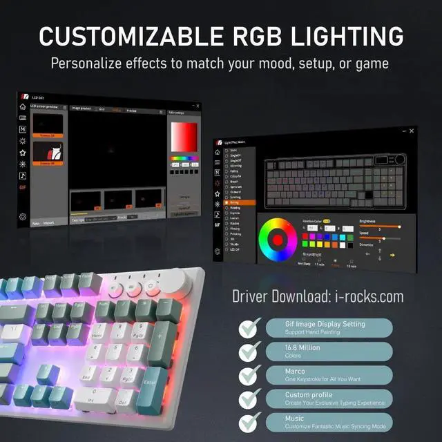 Alt view image 5 of 5 - iRocks K74R Wireless RGB Illuminated Mechanical Gaming Keyboard, Hot-Swappable Switches, Easy-to-Clean Floating Design, PBT 107 Keys NKRO, Detachable USB-C Cable - Island Blue (Blue Switches)