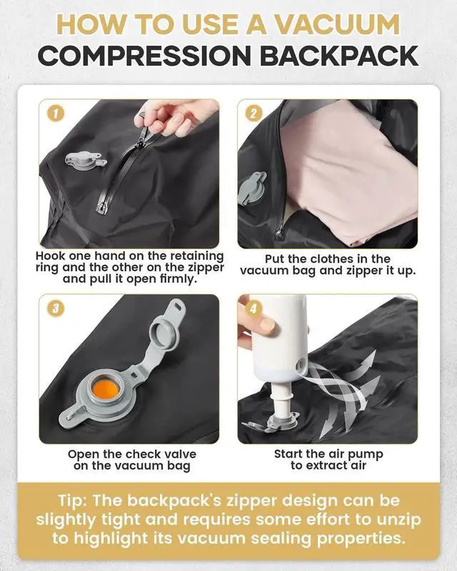 Alt view image 5 of 5 - Vacuum Travel Backpack with Pump for Women,Personal Item Carry on Backpacks Flight Approved 18x14x8 inches for Men,Laptop Waterproof Work Compression bags Casual Daypack. Beige