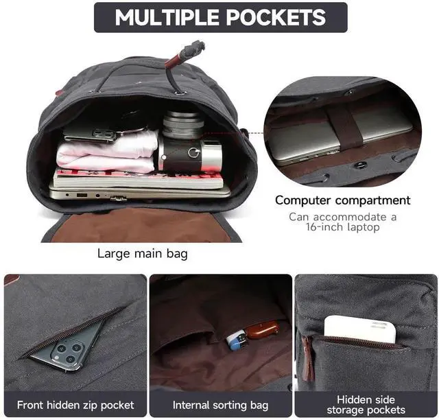 Alt view image 4 of 5 - Vintage Canvas Backpack for Men 30L Durable Travel Backpack with 17.3 Inch Laptop Compartment Drawstring and Magnetic Closure Mens Daypack Backpacks for College, Hiking, Commute, BusinessNavy, 30L