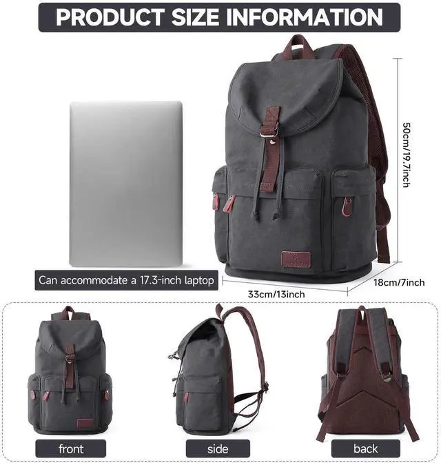 Alt view image 2 of 5 - Vintage Canvas Backpack for Men 30L Durable Travel Backpack with 17.3 Inch Laptop Compartment Drawstring and Magnetic Closure Mens Daypack Backpacks for College, Hiking, Commute, BusinessNavy, 30L