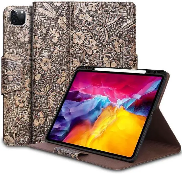 Main image of Gexmil Case for iPad Pro 11 Inch,4th/3rd/2nd/1st Generation(2022/2021/2020/2018) Genuine Leather Cover with Pencil Holder,Cowhide Folio Cover,Auto Sleep/Wake Anti Slip,Butterfly Pattern