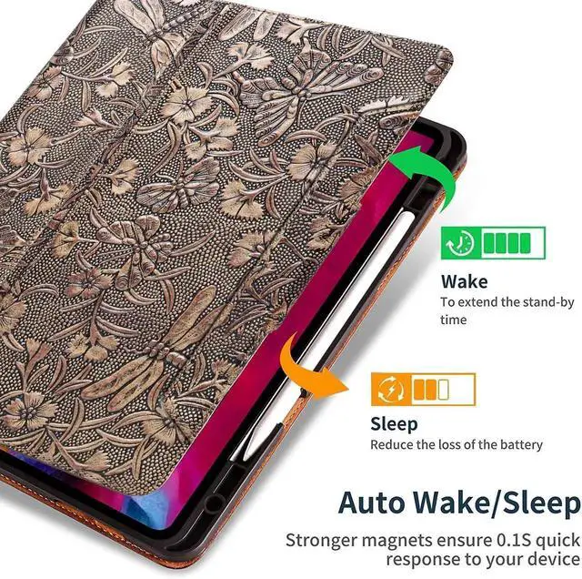 Alt view image 4 of 5 - Gexmil Case for iPad Pro 11 Inch,4th/3rd/2nd/1st Generation(2022/2021/2020/2018) Genuine Leather Cover with Pencil Holder,Cowhide Folio Cover,Auto Sleep/Wake Anti Slip,Butterfly Pattern