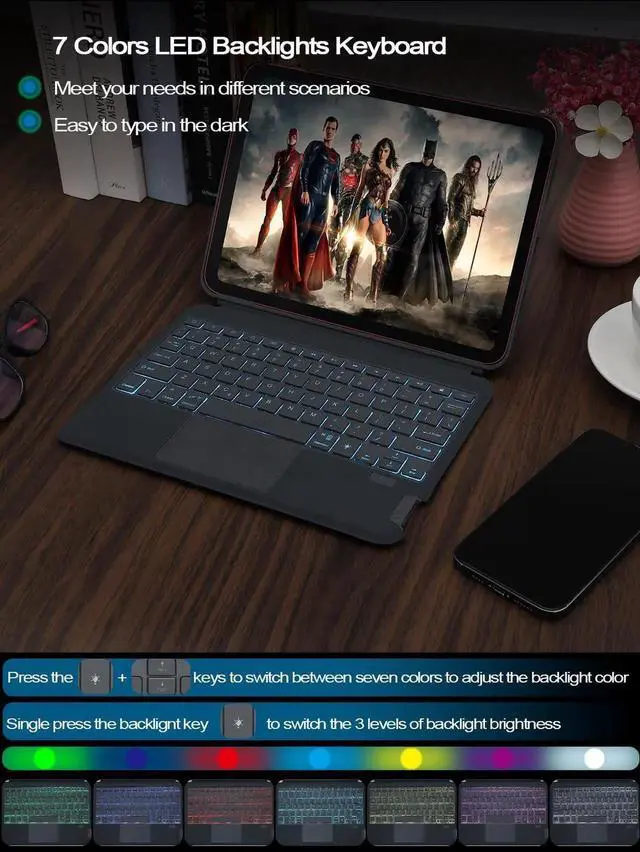 Alt view image 2 of 5 - Qulose Keyboard Case for iPad 11th(A16,2025) and 10.9'' iPad 10th Generation 2022, 7 Color Backlight Detachable Wireless Bluetooth Keyboard with Trackpad, Elastic Pen Holder, Full Protection Cover