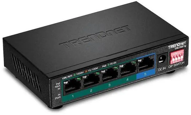 Main image of TRENDnet 5-Port Gigabit PoE+ Switch, Camera DIP Switch extends PoE+ 200m (656 ft.), 60W PoE Budget,Lifetime Protection, Black, TPE-TG51g