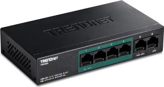 Main image of TRENDnet 6-Port Fast Ethernet PoE+ Switch, TPE-S50, NDAA Compliant, 60W PoE Budget, 1.2 Gbps Switch Capacity, Metal, Black, Lifetime Protection