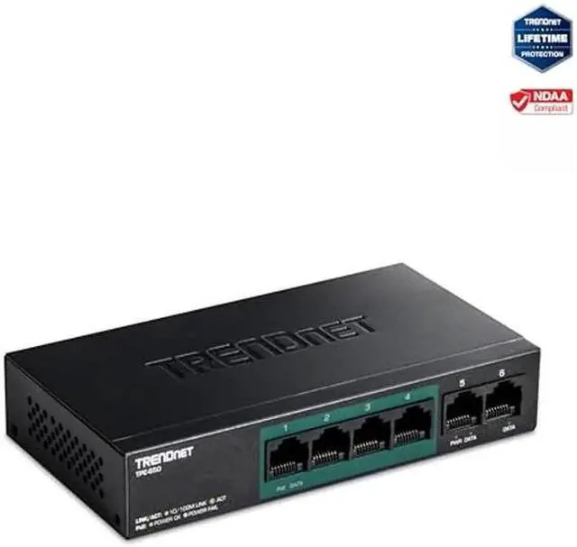 Alt view image 4 of 5 - TRENDnet 6-Port Fast Ethernet PoE+ Switch, TPE-S50, NDAA Compliant, 60W PoE Budget, 1.2 Gbps Switch Capacity, Metal, Black, Lifetime Protection