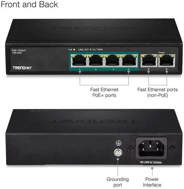 Alt view image 3 of 5 - TRENDnet 6-Port Fast Ethernet PoE+ Switch, TPE-S50, NDAA Compliant, 60W PoE Budget, 1.2 Gbps Switch Capacity, Metal, Black, Lifetime Protection