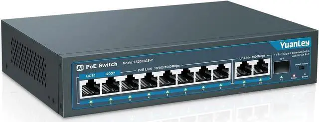 Main image of YuanLey 8 Port Gigabit PoE Switch with 2 Gigabit Uplink, 8 PoE+ Port 1000Mbps, 1 SFP Port, 120W 802.3af/at, Metal, Qos, Unmanaged Plug and Play AI Smart Detection Ethernet Switch