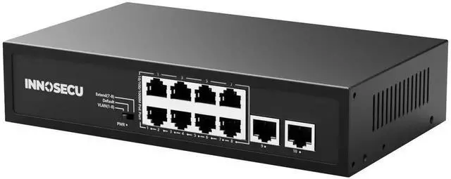 Main image of INNOSECU 8 Port PoE Switch, Unmanaged,30W Per Port,Total Budget 120W, 10/100/1000Mbps PoE+ Ethernet Switch, 2 Gigabit Uplink Ports, 803.af/at Compliant,Supports VLAN /Extend 250m /Watchdog,SCGAF0820