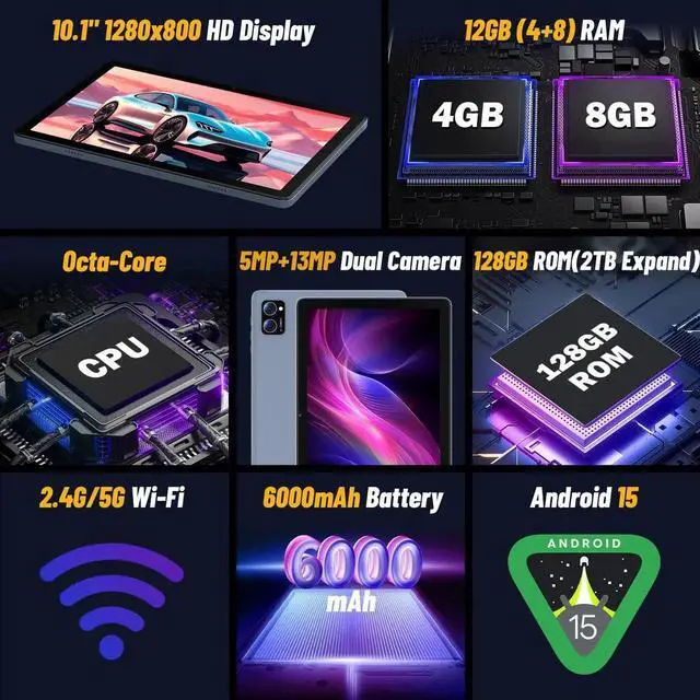 Alt view image 4 of 5 - JUNYANG Tablet 10.1 Inch Android 15, 12GB RAM 128GB ROM (Up to 2TB Expand), Octa-Core Processor, 1280x800 HD Touch Screen, 8H Battery Life, Dual Camera 13MP+5MP, 5G WiFi Tablet PC, Widevine L1