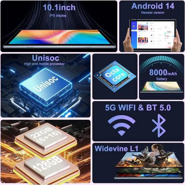 Alt view image 5 of 5 - DEERTiME Tablet Android 14 Tablets 10.1 inch with 22GB RAM 128GB ROM, Octa-Core Processor 8000mAh TF 1TB, G+G HD IPS Display Tableta, Dual Camera, Widevine L1 Bluetooth GPS Tablet PC (Gray)