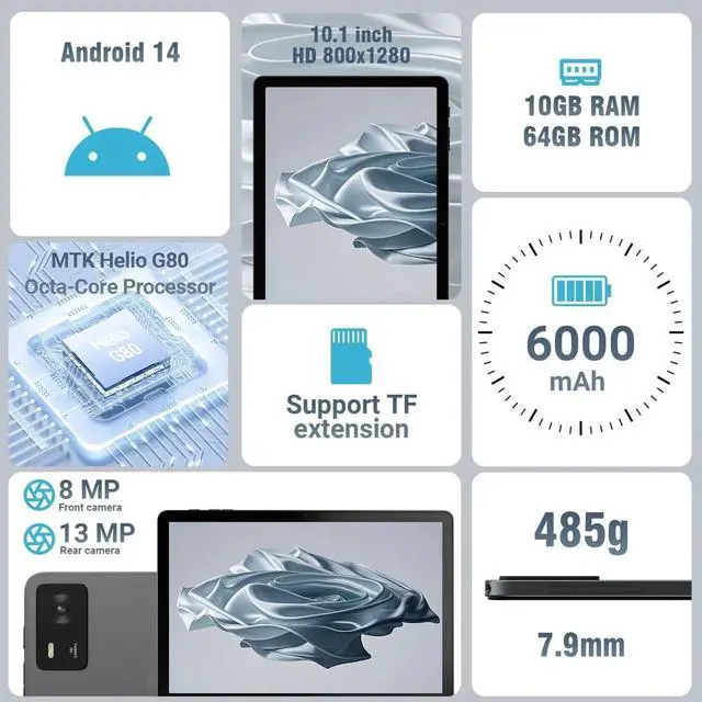 Alt view image 4 of 5 - DigiLand Android Tablet,10.1 inch Android 14 Tablet,Octa-core CPU,10 GB RAM + 64 GB ROM(Expandable TF Card) 800x1280 Resolution, WiFi 6 & Bluetooth 5.0, Dual Speakers, 8MP+13MP, 6000mAh,Widevine L1