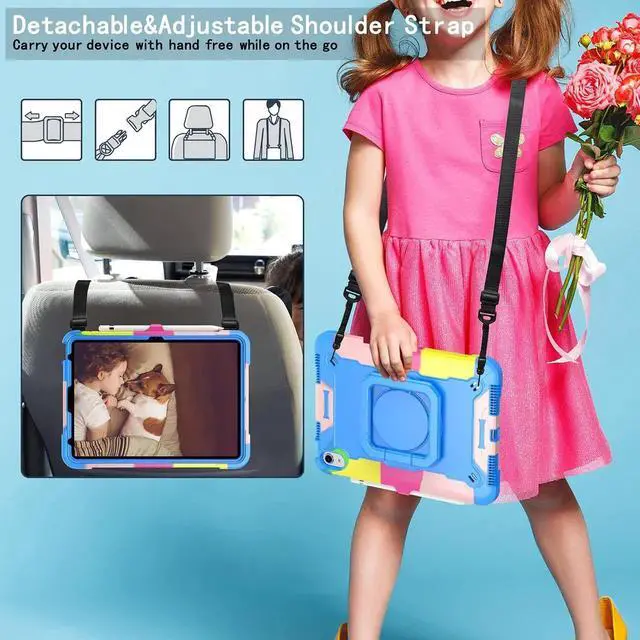 Alt view image 5 of 5 - Dteck Kids Case for iPad A16/10th Generation 2025/2022, Heavy Duty Hybrid Shockproof 360°Swivel Kickstand Anti Scratch Durable Protective Case with Pencil Holder Shoulder Strap,Blue/Colorful
