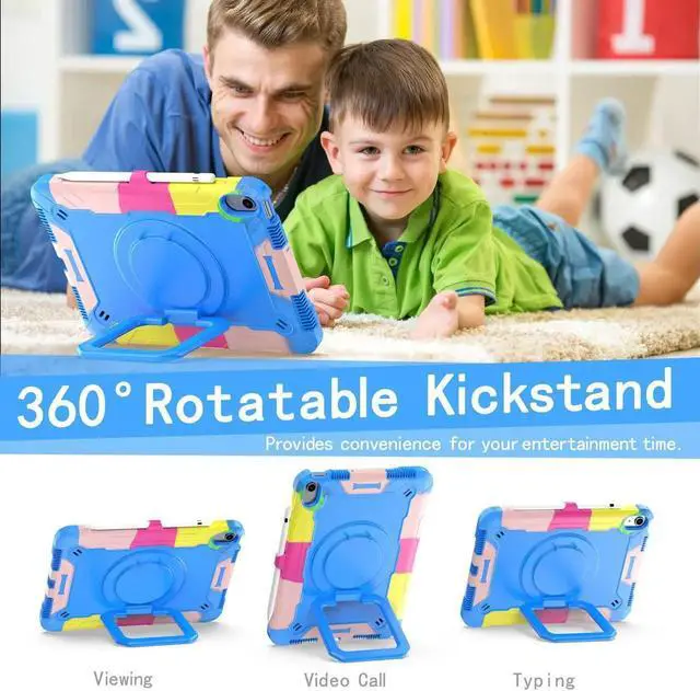 Alt view image 2 of 5 - Dteck Kids Case for iPad A16/10th Generation 2025/2022, Heavy Duty Hybrid Shockproof 360°Swivel Kickstand Anti Scratch Durable Protective Case with Pencil Holder Shoulder Strap,Blue/Colorful