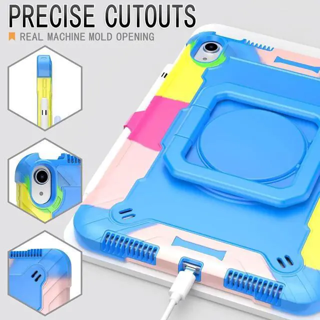 Alt view image 4 of 5 - Dteck Kids Case for iPad A16/10th Generation 2025/2022, Heavy Duty Hybrid Shockproof 360°Swivel Kickstand Anti Scratch Durable Protective Case with Pencil Holder Shoulder Strap,Blue/Colorful