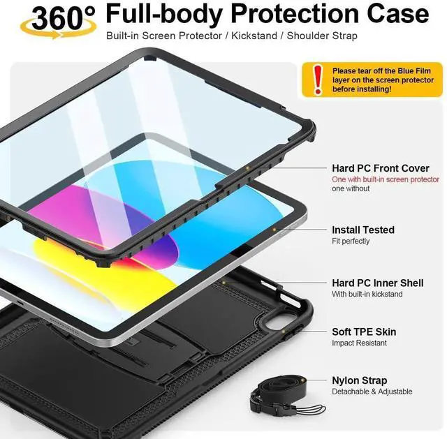 Alt view image 2 of 5 - SEYMAC stock Case for iPad (A16) 11th/10th Generation 11''/10.9'' 2025/2022, with Built-in Screen Protector, Shoulder Strap, Built-in Kickstand, Rugged Full Body Shockproof Protective Case, Black