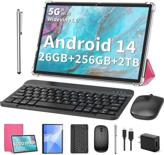 Main image of 2025 Tablet, Android 14 Tablets 10 inch with Keyboard, 26GB RAM+256GB ROM(2TB Expand), 2-in-1 Tablets with 8-Core, 8000mAh, 5G WiFi, Widevine L1, GMS, with Case, Keyboard, Mouse, Stylus (Pink)