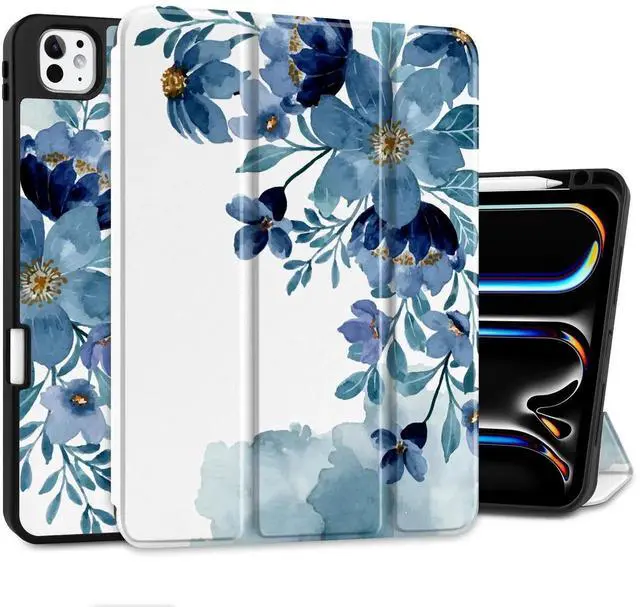Main image of Yebiseven Case for M4 iPad Pro 11 inch 2024 Released Model A2836/A2837/A3006, Shockproof Tablet Case with Pencil Holder & Auto Wake/Sleep & Soft TPU Back Cover, Blue Floral