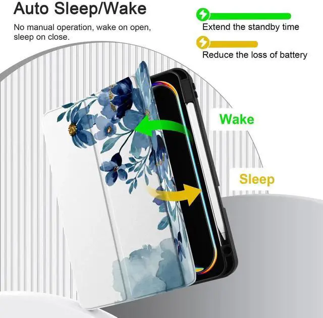 Alt view image 3 of 4 - Yebiseven Case for M4 iPad Pro 11 inch 2024 Released Model A2836/A2837/A3006, Shockproof Tablet Case with Pencil Holder & Auto Wake/Sleep & Soft TPU Back Cover, Blue Floral