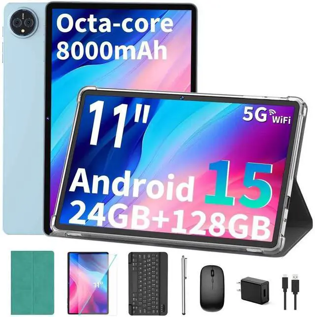 Main image of Android 15 tablet with keyboard, 11 inch tablet with 24GB RAM+128GB ROM(2TB Expand), 8000mAh Battery, 2.4G/5G WiFi, 5MP+13MP Dual Camera, Widevine L1, Octa-core, Mouse, Stylus, Case(Green Case)