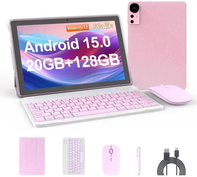 Main image of Nyxolaria Tablet 10.1Inch Android 15.0, RAM 20GB(4+16Expand)+ROM 128GB, 6000mAh Battery, 2+8MP Dual Camera, 1280*800 IPS HD Touch Screen Tab PC Set with Keyboard+Mouse+Protective Case+Stylus, (Pink)