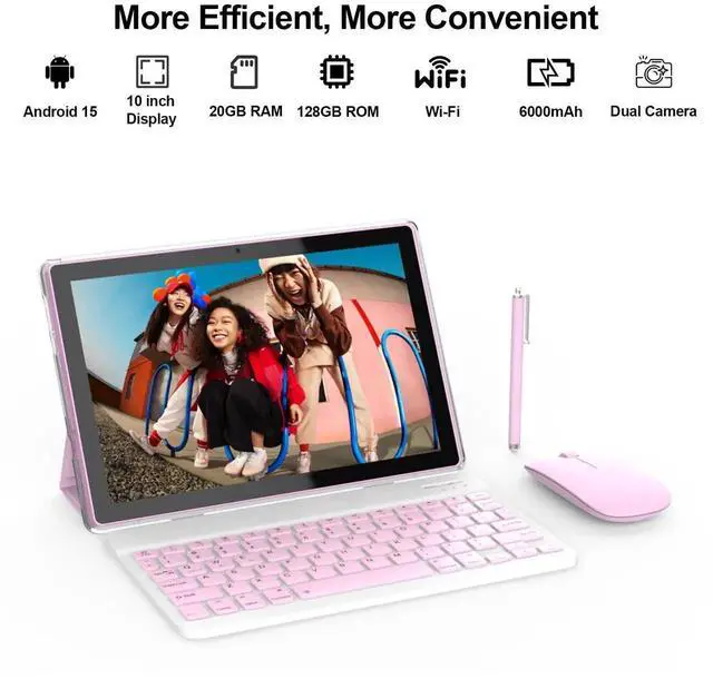 Alt view image 5 of 5 - Nyxolaria Tablet 10.1Inch Android 15.0, RAM 20GB(4+16Expand)+ROM 128GB, 6000mAh Battery, 2+8MP Dual Camera, 1280*800 IPS HD Touch Screen Tab PC Set with Keyboard+Mouse+Protective Case+Stylus, (Pink)
