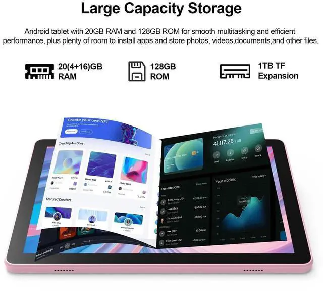 Alt view image 4 of 5 - Nyxolaria Tablet 10.1Inch Android 15.0, RAM 20GB(4+16Expand)+ROM 128GB, 6000mAh Battery, 2+8MP Dual Camera, 1280*800 IPS HD Touch Screen Tab PC Set with Keyboard+Mouse+Protective Case+Stylus, (Pink)