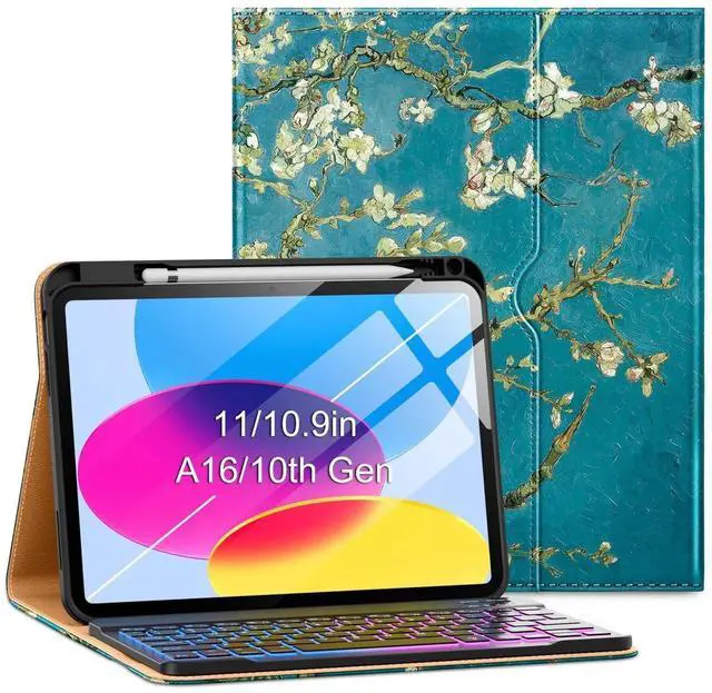 Main image of VIKESI Keyboard Case for iPad (A16,2025) 11th Generation/iPad 10th Generation Case (10.9" 2022),Premium Leather Smart Cover,Built-in Breathing Light,Function Row,Pencil Holder,Card Slots - Blossom