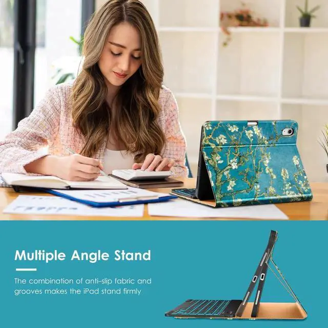 Alt view image 2 of 5 - VIKESI Keyboard Case for iPad (A16,2025) 11th Generation/iPad 10th Generation Case (10.9" 2022),Premium Leather Smart Cover,Built-in Breathing Light,Function Row,Pencil Holder,Card Slots - Blossom