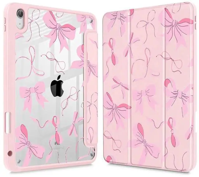 May Chen Case for iPad Air 11 (M3 2025 / M2 2024) 7th 6th, iPad Air 4 & 5 10.9 Inch 5th 4th (2022/2020) - Pencel Holder + Auto Sleep/Wake, Transparent Shockproof Back Cover, Bows Pink
