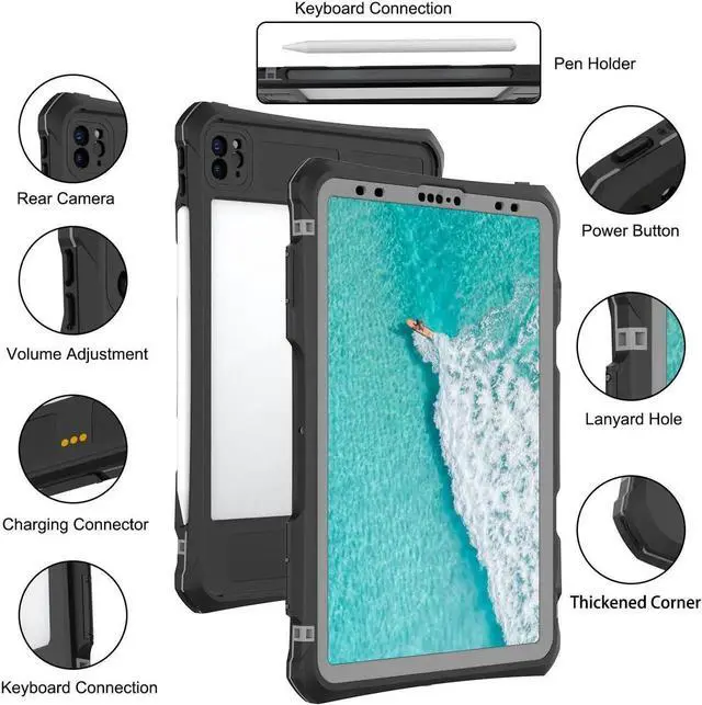 Alt view image 5 of 5 - for iPad Pro 11 inch Waterproof Case 2022/2021/2020/2018(4th/3rd/2nd/1st),360 Protective Military Drop-Proof,with Strap Stand,Clear Screen Protector,Built-in Pencil Holder iPad pro 11 Cover