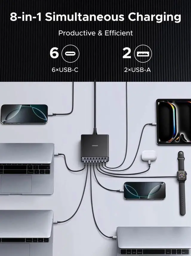 Alt view image 5 of 5 - UGREEN Nexode 200W GaN USB C Charging Station, 8-Port Desktop Charger with PD 100W for MacBook Pro 16"/Air, Dell XPS, iPad Pro, iPhone 17/16/15, Galaxy S25/S24, Pixel 10/9
