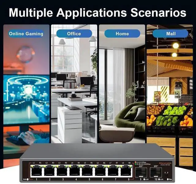 Alt view image 5 of 5 - Davuaz 2.5G Unmanaged Ethernet Switch with 8 x 2.5G Base-T Ports and 2 x 10G SFP Uplink Port, Compatible with 100/1000/2500Mbps, Fanlesss Design, Plug & Play, Metal 2.5Gb Network Switch