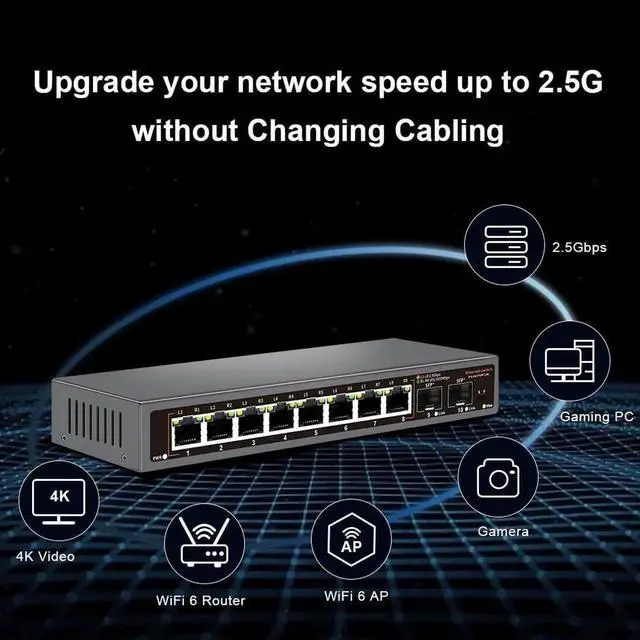 Alt view image 2 of 5 - Davuaz 2.5G Unmanaged Ethernet Switch with 8 x 2.5G Base-T Ports and 2 x 10G SFP Uplink Port, Compatible with 100/1000/2500Mbps, Fanlesss Design, Plug & Play, Metal 2.5Gb Network Switch