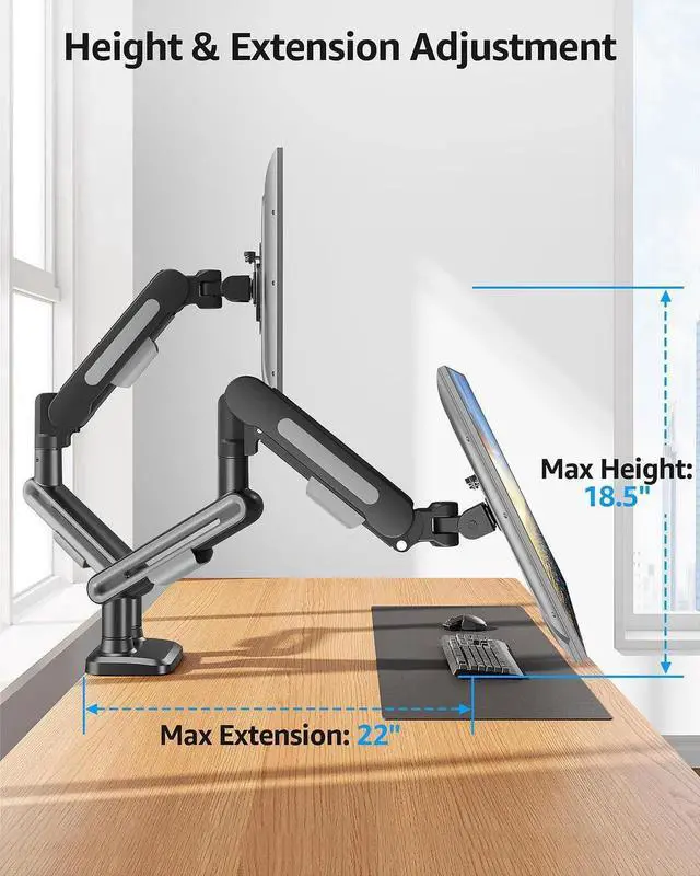 Alt view image 2 of 5 - MOUNTUP Dual Monitor Mount Holds 4.4-26.5lbs, Heavy Duty Monitors Arm for 39 37 34 32 27inch, Gas Spring Monitor Stand for 2 Monitor, Height Adjustable Monitors Desk Mount with C-ClampGrommet Base