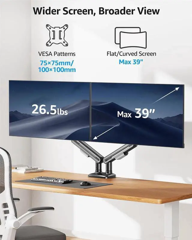 Alt view image 4 of 5 - MOUNTUP Dual Monitor Mount Holds 4.4-26.5lbs, Heavy Duty Monitors Arm for 39 37 34 32 27inch, Gas Spring Monitor Stand for 2 Monitor, Height Adjustable Monitors Desk Mount with C-ClampGrommet Base