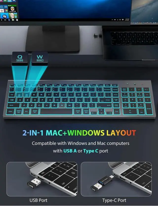Alt view image 3 of 5 - SABLUTE Wireless Keyboard and Mouse Combo Backlit - Compact Quiet Keyboard with RGB Mouse, Rechargeable, Slim, Sleep Mode, Portable Cordless Keyboard Mouse Set for Mac, Windows, Laptop (Space Gray)