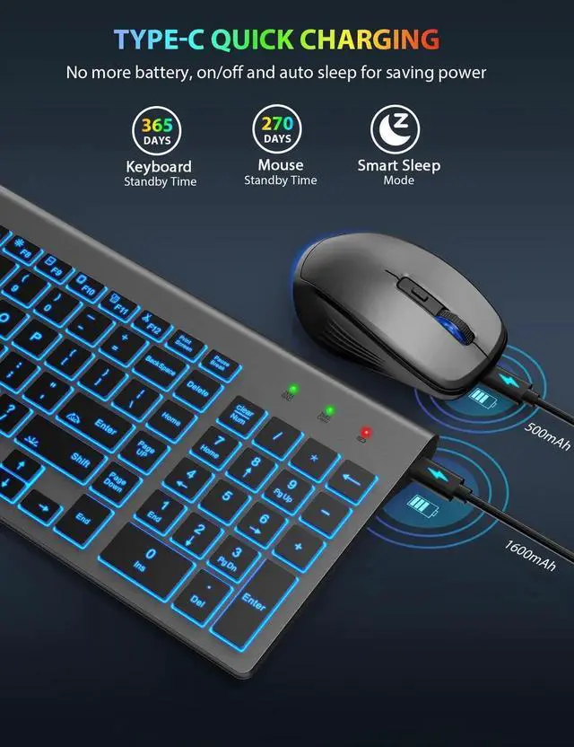 Alt view image 5 of 5 - SABLUTE Wireless Keyboard and Mouse Combo Backlit - Compact Quiet Keyboard with RGB Mouse, Rechargeable, Slim, Sleep Mode, Portable Cordless Keyboard Mouse Set for Mac, Windows, Laptop (Space Gray)