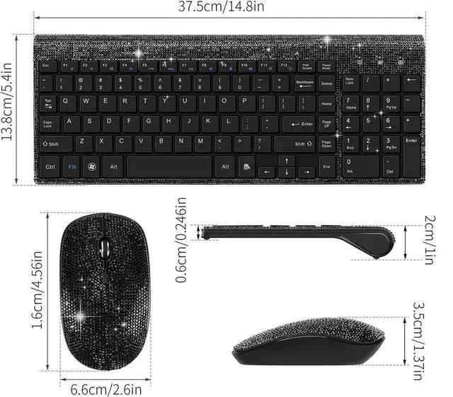 Alt view image 2 of 5 - Dazzling Luxury Keyboard and Mouse Wireless, Sparkly Bling Rhinestone Wireless Mouse and Keyboard Gift Set (Black)