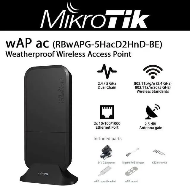 Alt view image 5 of 5 - Mikro Tik Mikrotik wAP ac RBwAPG-5HacD2HnD-BE 2.4/5GHz Weatherproof Wireless Black AP 2X Gbit Ports