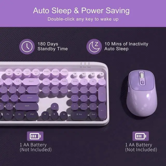 Alt view image 4 of 5 - MageGee V920 Wireless Keyboard and Mouse Combo, 2.4G Full-Sized Retro Typewriter Keyboard with Round Keycaps & Auto-Sleep Mode, Cute Computer Keyboard and Cordless Optical Mouse for Laptop/PC (Purple)