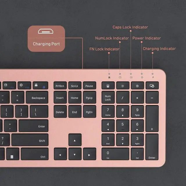 Alt view image 2 of 5 - seenda Rechargeable Wireless Keyboard Mouse Combo Full Size Cordless Keyboard & Mouse Sets with Build-in Lithium Battery Ultra Thin Quiet Keyboard Mice (Rose Gold & Black)