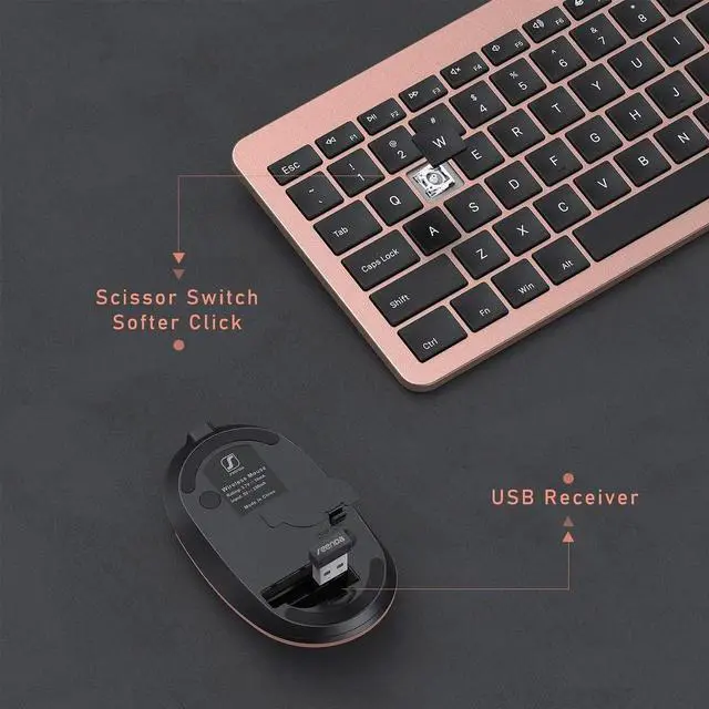 Alt view image 4 of 5 - seenda Rechargeable Wireless Keyboard Mouse Combo Full Size Cordless Keyboard & Mouse Sets with Build-in Lithium Battery Ultra Thin Quiet Keyboard Mice (Rose Gold & Black)