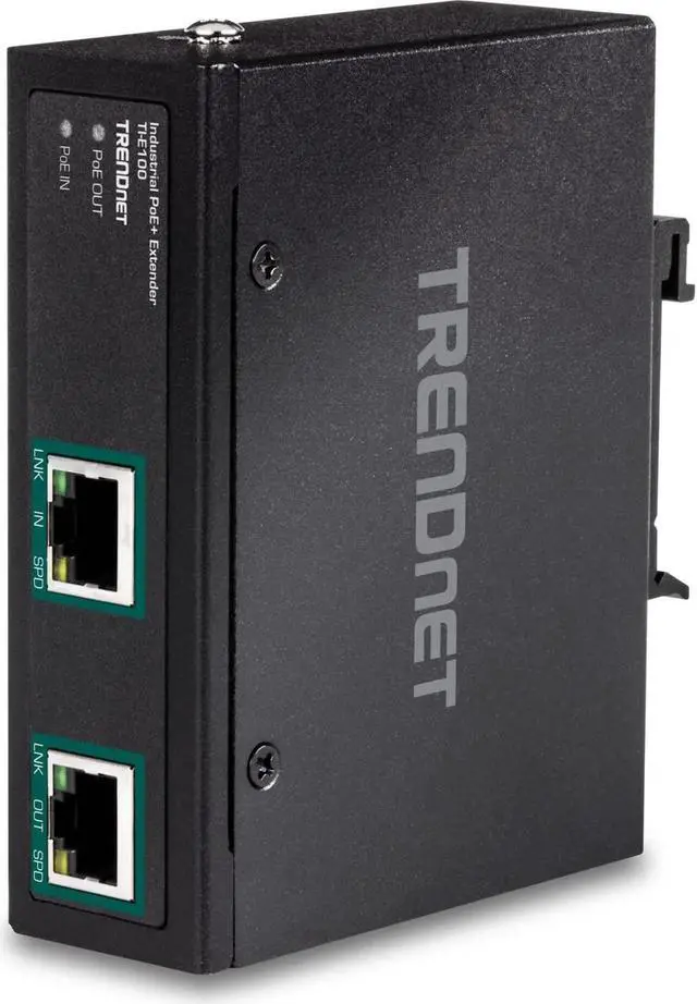 Main image of TRENDnet Industrial Gigabit PoE+ Extender, TI-E100, Single Port PoE, Power Over Ethernet, Supports PoE (15.4W) and PoE+ (30W), Extends 100m, Cascade 2 Units for Distance Up to 300m (984 ft.), IP30