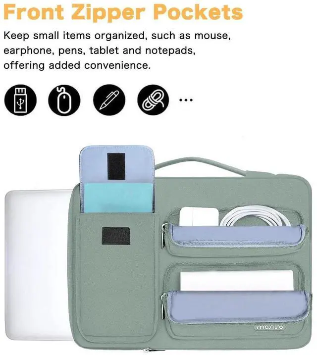 Alt view image 4 of 5 - MOSISO 360 Protective Laptop Case 13.3 inch, 13-13.3 inch Laptop Sleeve Compatible with MacBook Air/Pro 13 / Pro 14, HP Dell ASUS Lenovo,Side Open Bag with 2 Raised&1 Flapover Pockets, Antique Green