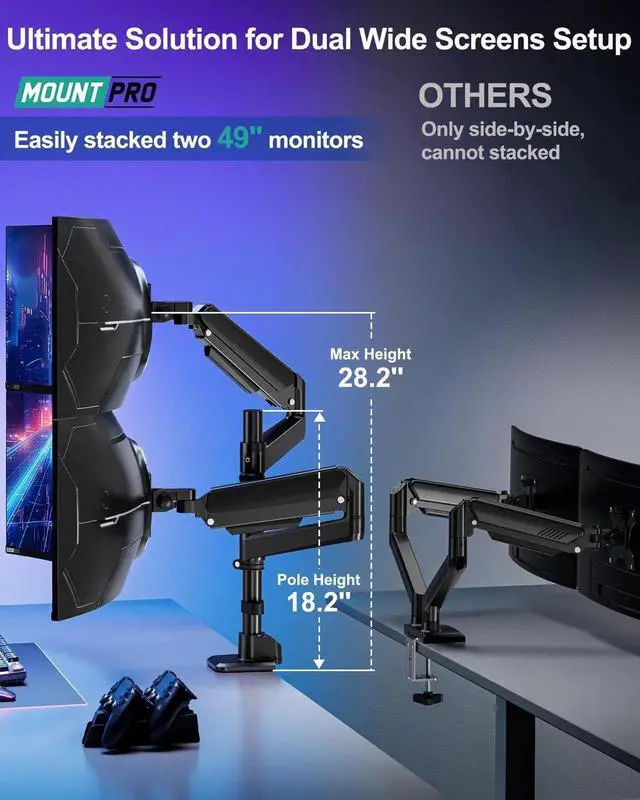 Alt view image 3 of 5 - MOUNT PRO Dual Monitor Arm for Max 49" Ultrawide Screens up to 44 lbs, Heavy Duty Extra Tall Monitor Desk Mount, Vertical Stacked Adjustable Dual Monitor Mount, VESA Mount 75x75mm/100x100mm