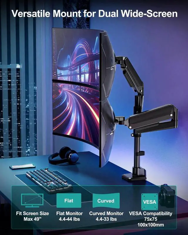 Alt view image 5 of 5 - MOUNT PRO Dual Monitor Arm for Max 49" Ultrawide Screens up to 44 lbs, Heavy Duty Extra Tall Monitor Desk Mount, Vertical Stacked Adjustable Dual Monitor Mount, VESA Mount 75x75mm/100x100mm