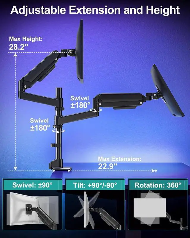 Alt view image 4 of 5 - MOUNT PRO Dual Monitor Arm for Max 49" Ultrawide Screens up to 44 lbs, Heavy Duty Extra Tall Monitor Desk Mount, Vertical Stacked Adjustable Dual Monitor Mount, VESA Mount 75x75mm/100x100mm