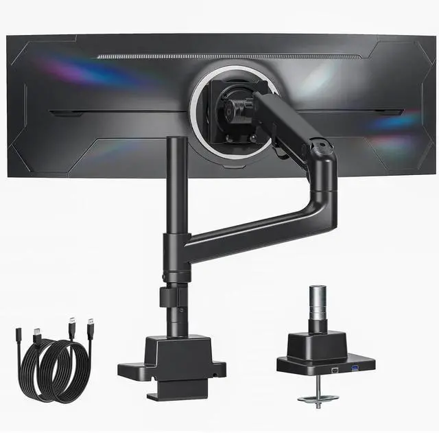 Main image of monTEK Heavy-Duty Single Monitor Arm for 17-57 inch, up to 59.4lbs Ultrawide Screens,Gas Spring Dual Curved Adjustable Monitor Stand for Desk,75/100mm VESA Mount with USBBlack