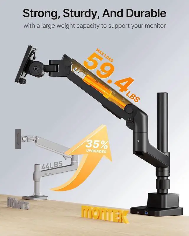 Alt view image 3 of 5 - monTEK Heavy-Duty Single Monitor Arm for 17-57 inch, up to 59.4lbs Ultrawide Screens,Gas Spring Dual Curved Adjustable Monitor Stand for Desk,75/100mm VESA Mount with USBBlack